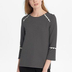 Karl Lagerfeld Striped Bell Sleeve Blouse Black White Scalloped Trim Size L NWT